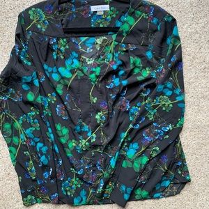 CALVIN KLEIN WOMENS SIZE LARGE GREEN BLUE FLORAL V NECK LONG SLEEVE BLOUSE USED